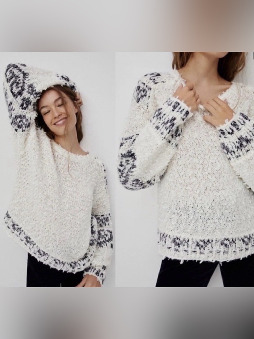 Anthropologie Pilcro Petra Feathered Sweater M Chunky Boho Open Knit Ivory Gray